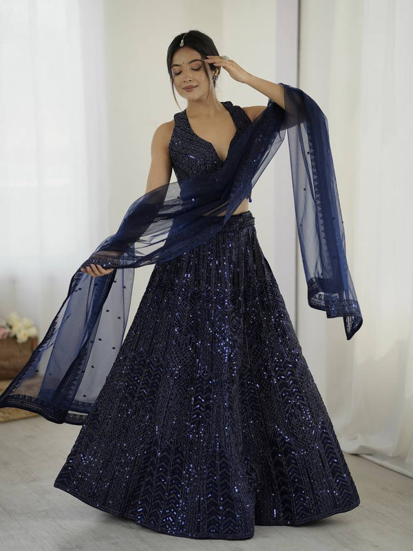 Celebrity Style Nevy Blue Color Net Lehenga With Sequins Dori Work Designer Lehenga Choli