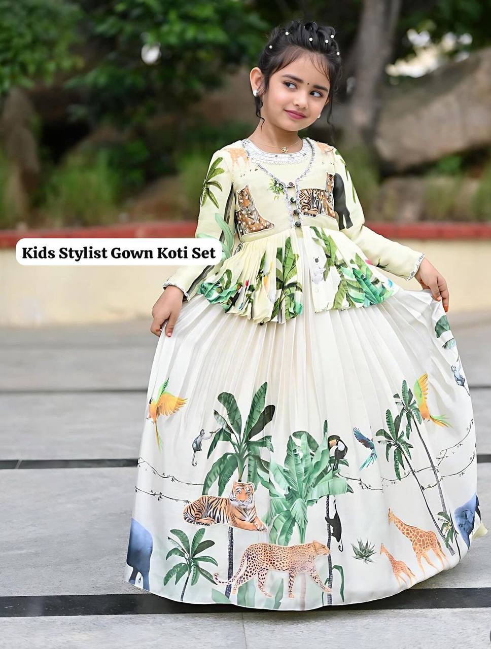 Designer White Color Digital Print Chinon Silk Gown with Fancy Koti