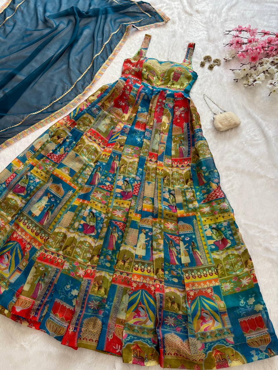 Wedding Wear Multi Color Digital Printed Jimmy Organza Silk Anarkali Gown