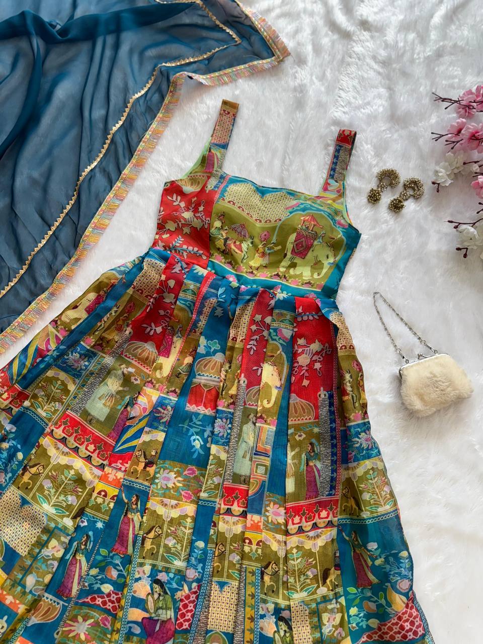 Wedding Wear Multi Color Digital Printed Jimmy Organza Silk Anarkali Gown