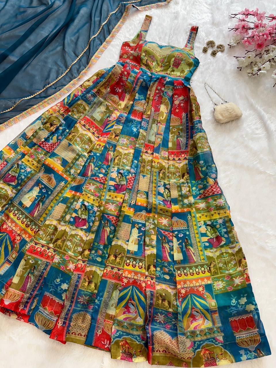 Wedding Wear Multi Color Digital Printed Jimmy Organza Silk Anarkali Gown