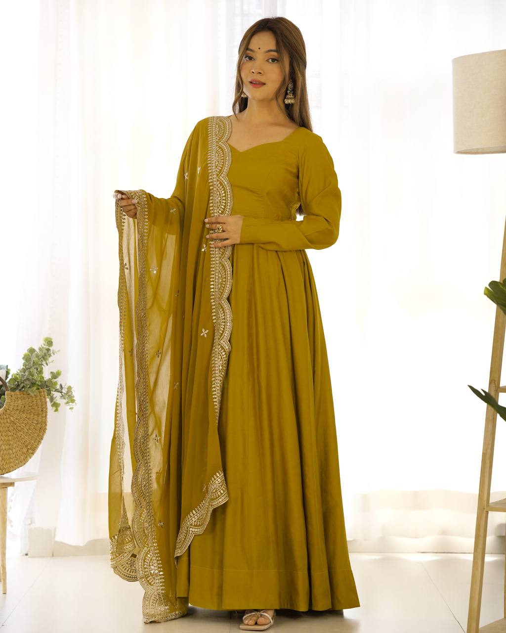 Party Wear Mustard Color Heavy Pure Roman Silk Plain Designer Gown With Work Dupatta