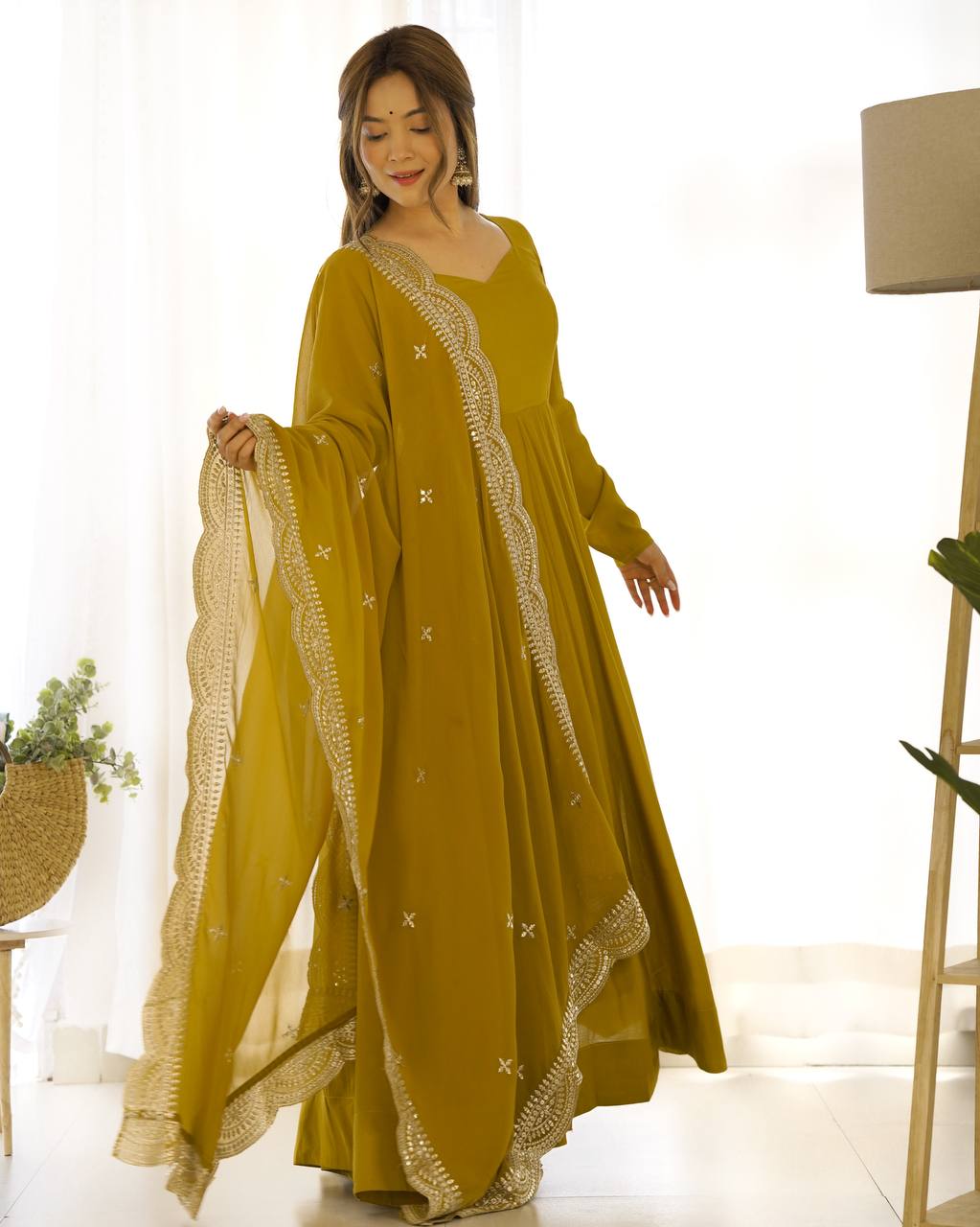 Party Wear Mustard Color Heavy Pure Roman Silk Plain Designer Gown With Work Dupatta
