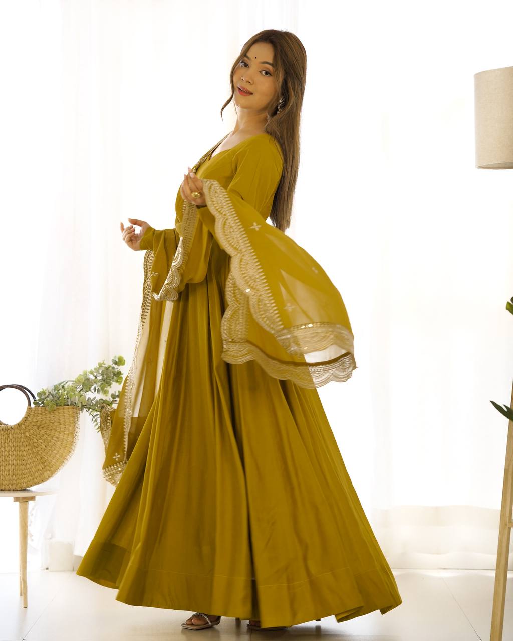 Party Wear Mustard Color Heavy Pure Roman Silk Plain Designer Gown With Work Dupatta