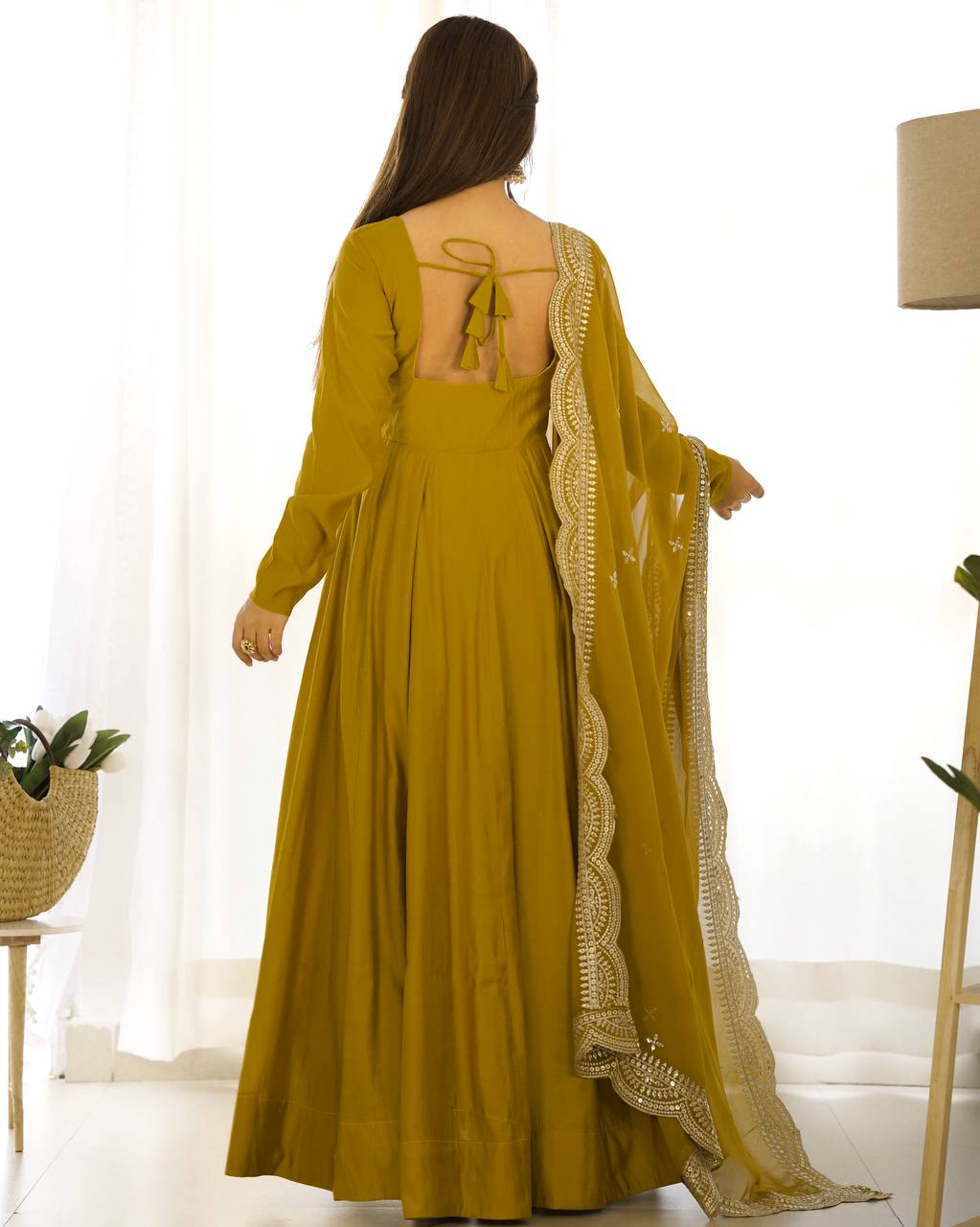 Party Wear Mustard Color Heavy Pure Roman Silk Plain Designer Gown With Work Dupatta