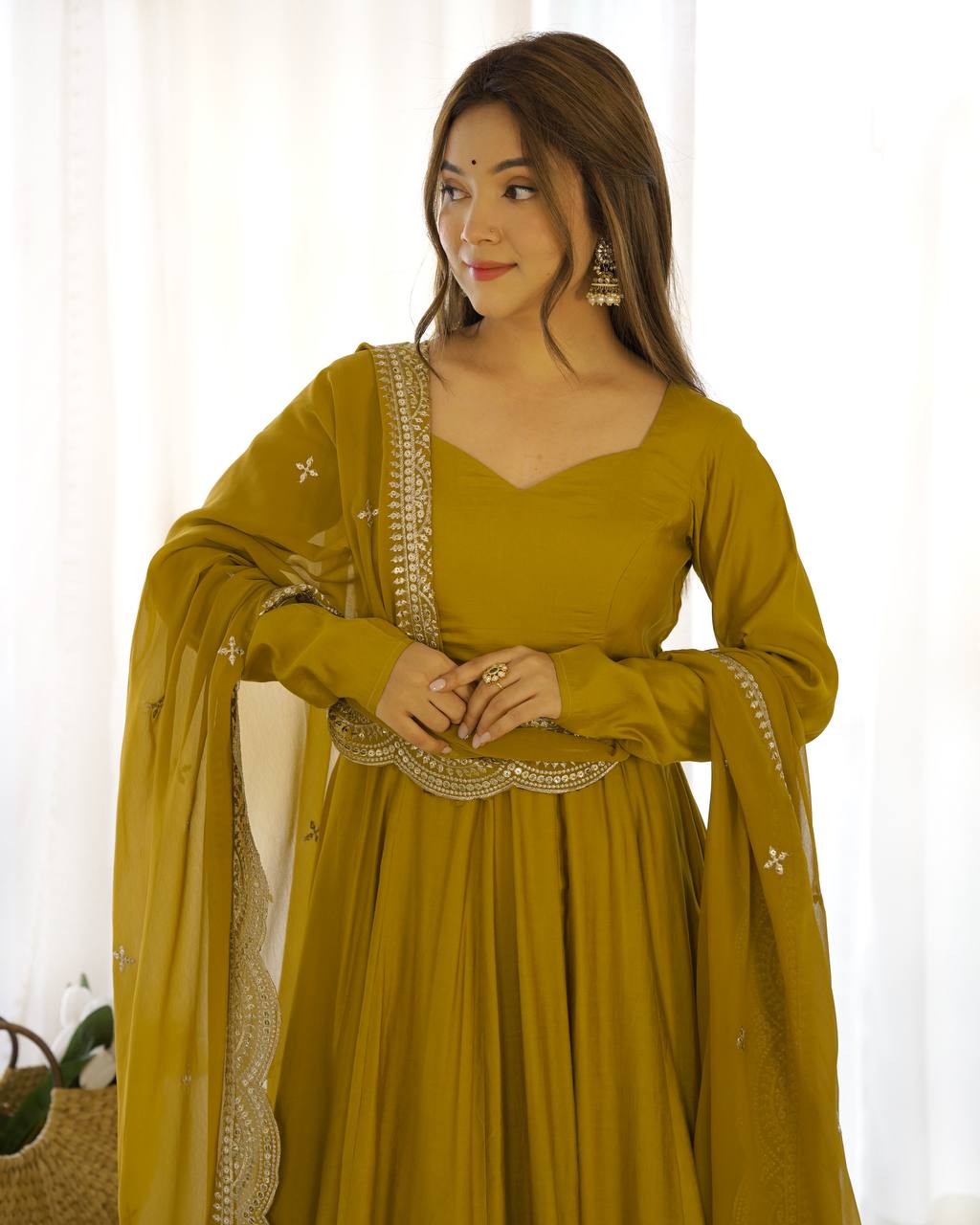 Party Wear Mustard Color Heavy Pure Roman Silk Plain Designer Gown With Work Dupatta