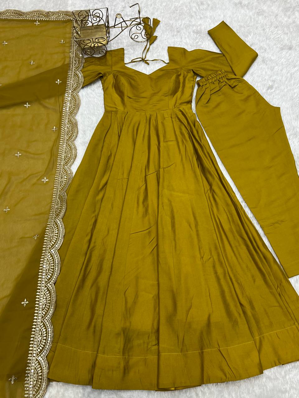 Party Wear Mustard Color Heavy Pure Roman Silk Plain Designer Gown With Work Dupatta