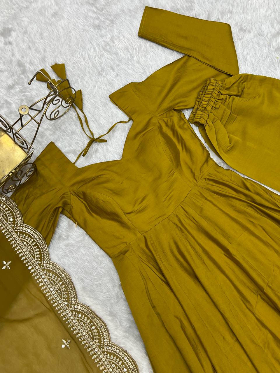 Party Wear Mustard Color Heavy Pure Roman Silk Plain Designer Gown With Work Dupatta