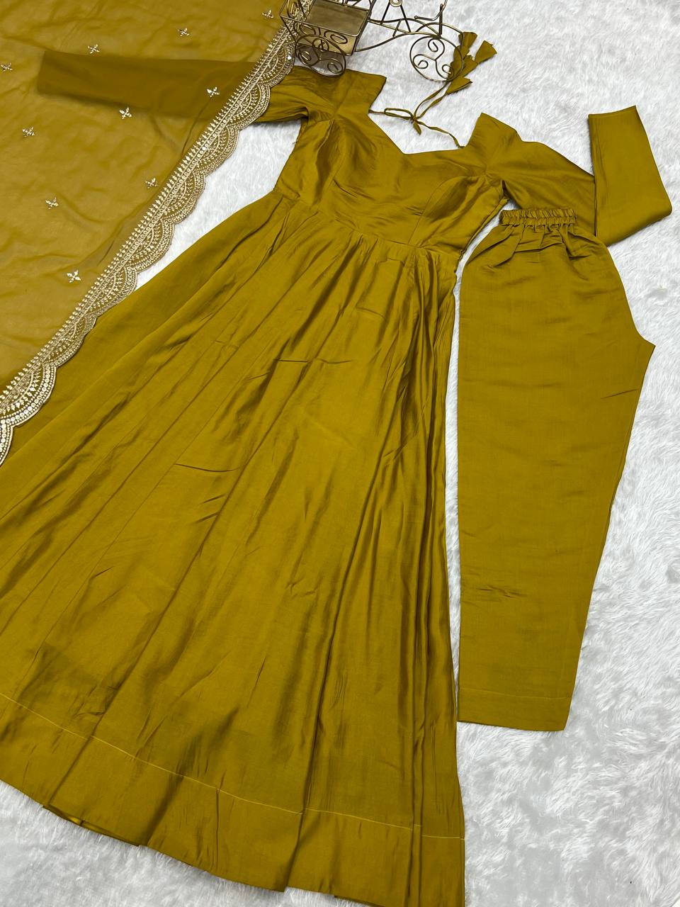 Party Wear Mustard Color Heavy Pure Roman Silk Plain Designer Gown With Work Dupatta