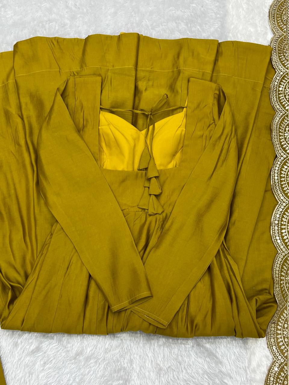 Party Wear Mustard Color Heavy Pure Roman Silk Plain Designer Gown With Work Dupatta