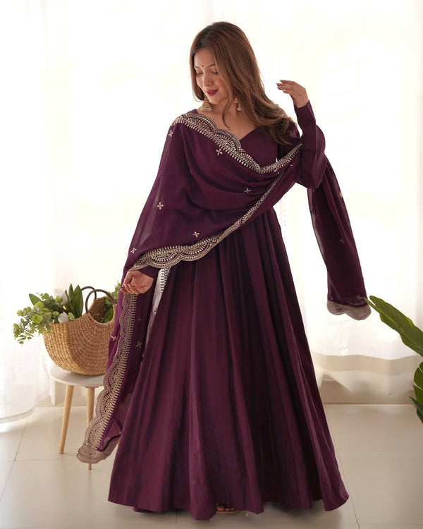 Party Wear Wine Color Heavy Pure Roman Silk Plain Designer Gown With Work Dupatta