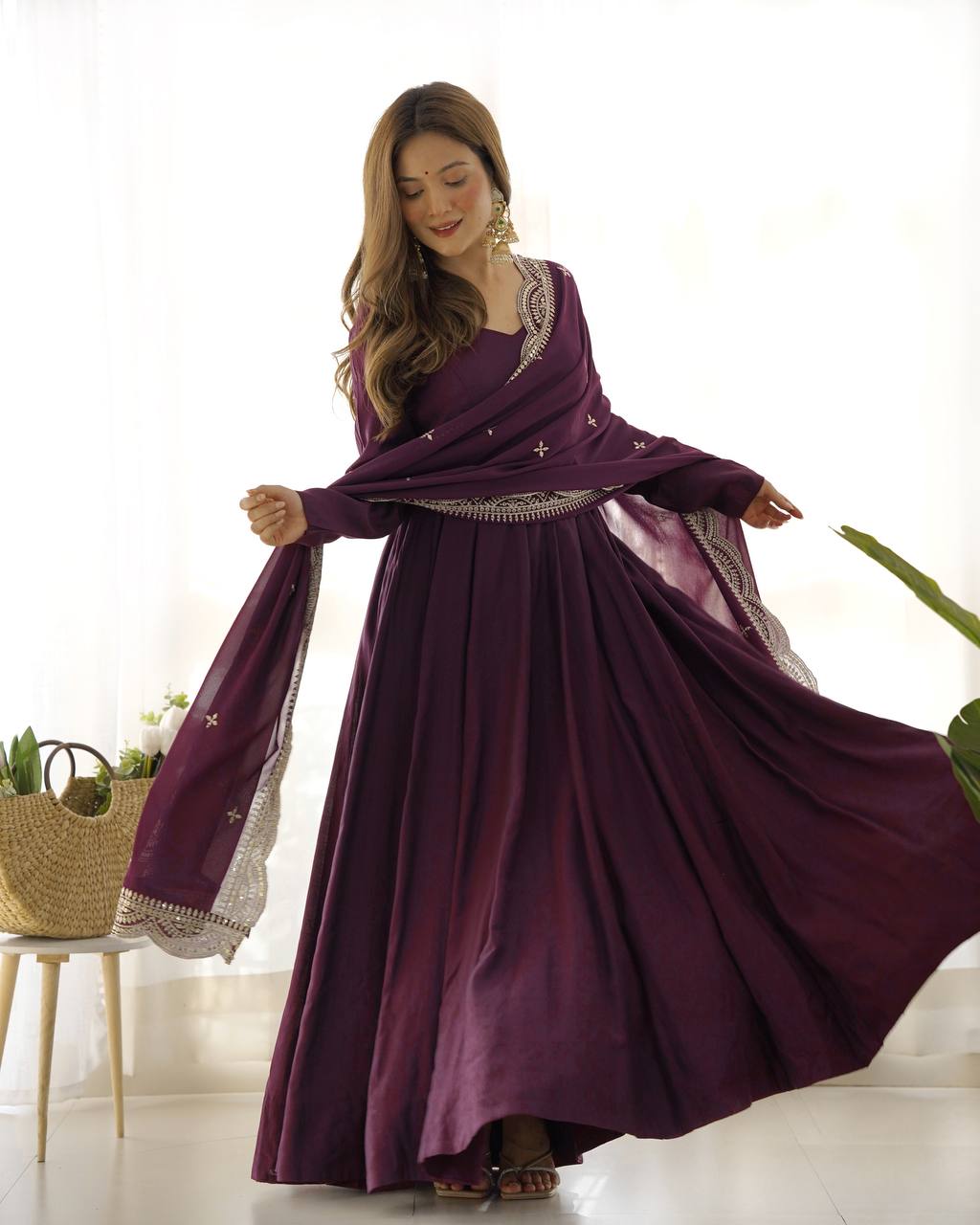 Party Wear Wine Color Heavy Pure Roman Silk Plain Designer Gown With Work Dupatta