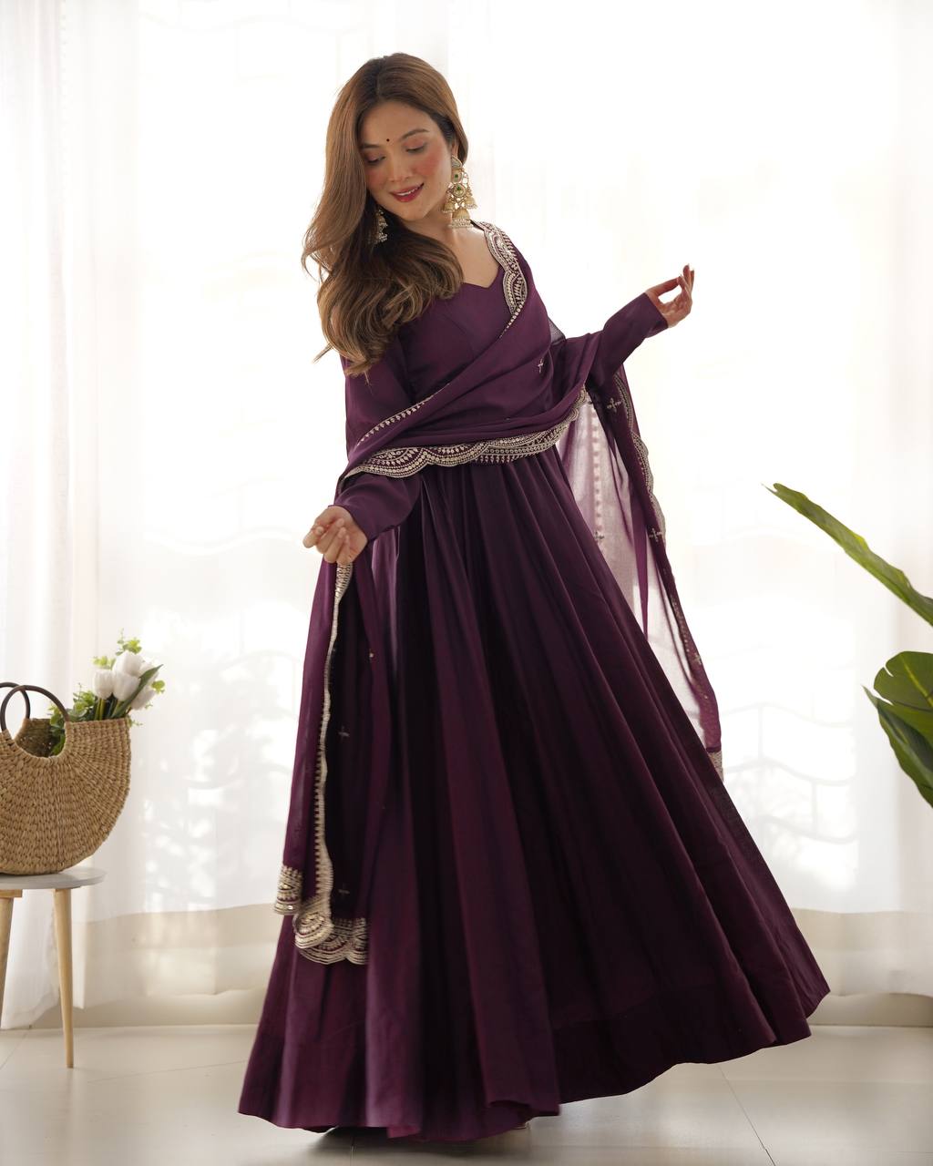 Party Wear Wine Color Heavy Pure Roman Silk Plain Designer Gown With Work Dupatta