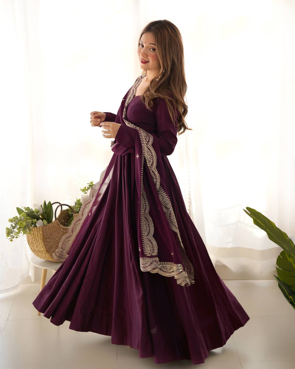 Party Wear Wine Color Heavy Pure Roman Silk Plain Designer Gown With Work Dupatta