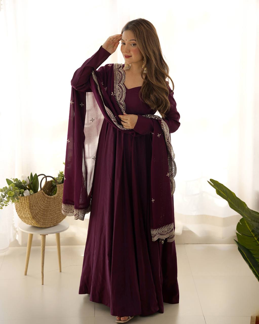 Party Wear Wine Color Heavy Pure Roman Silk Plain Designer Gown With Work Dupatta