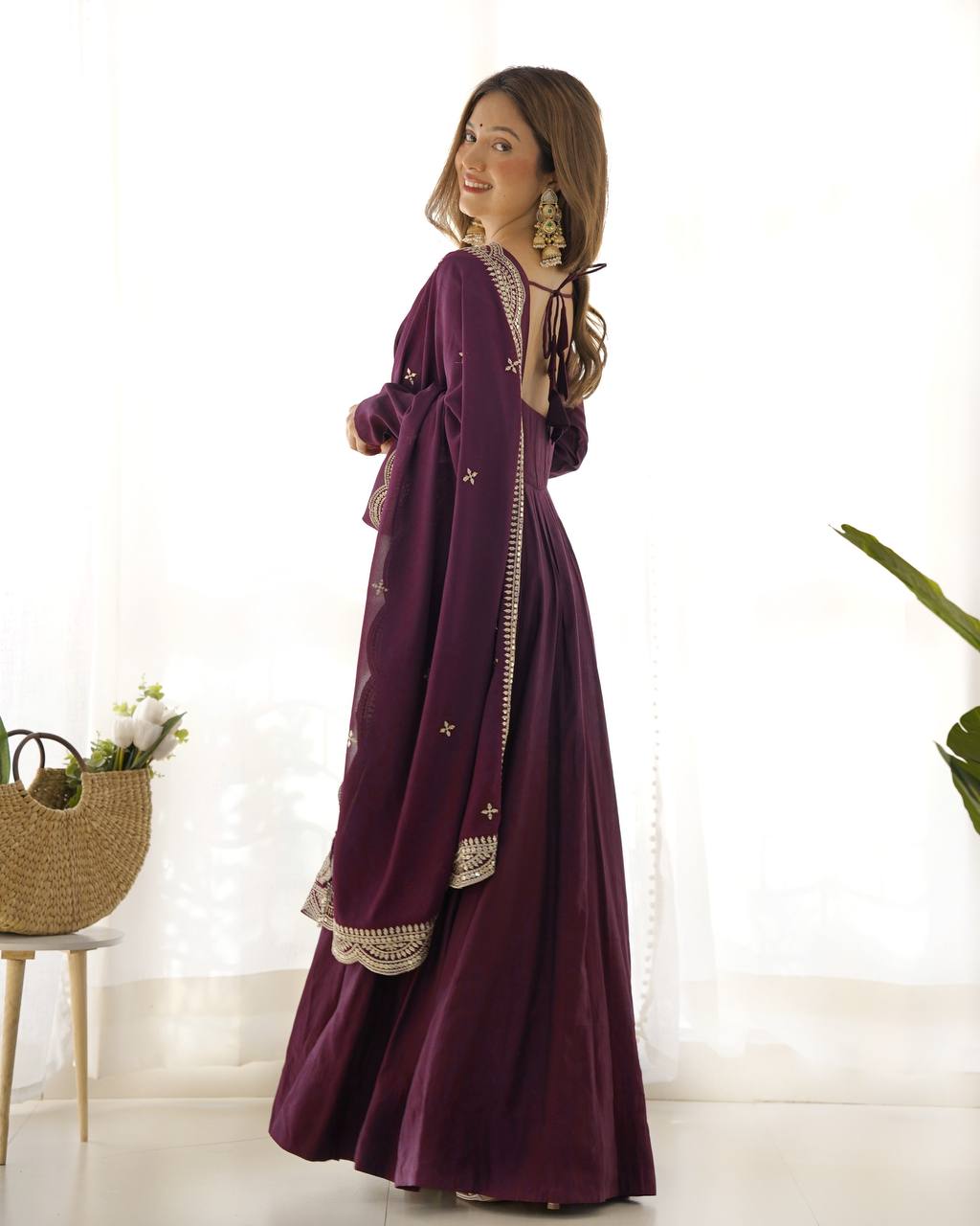 Party Wear Wine Color Heavy Pure Roman Silk Plain Designer Gown With Work Dupatta