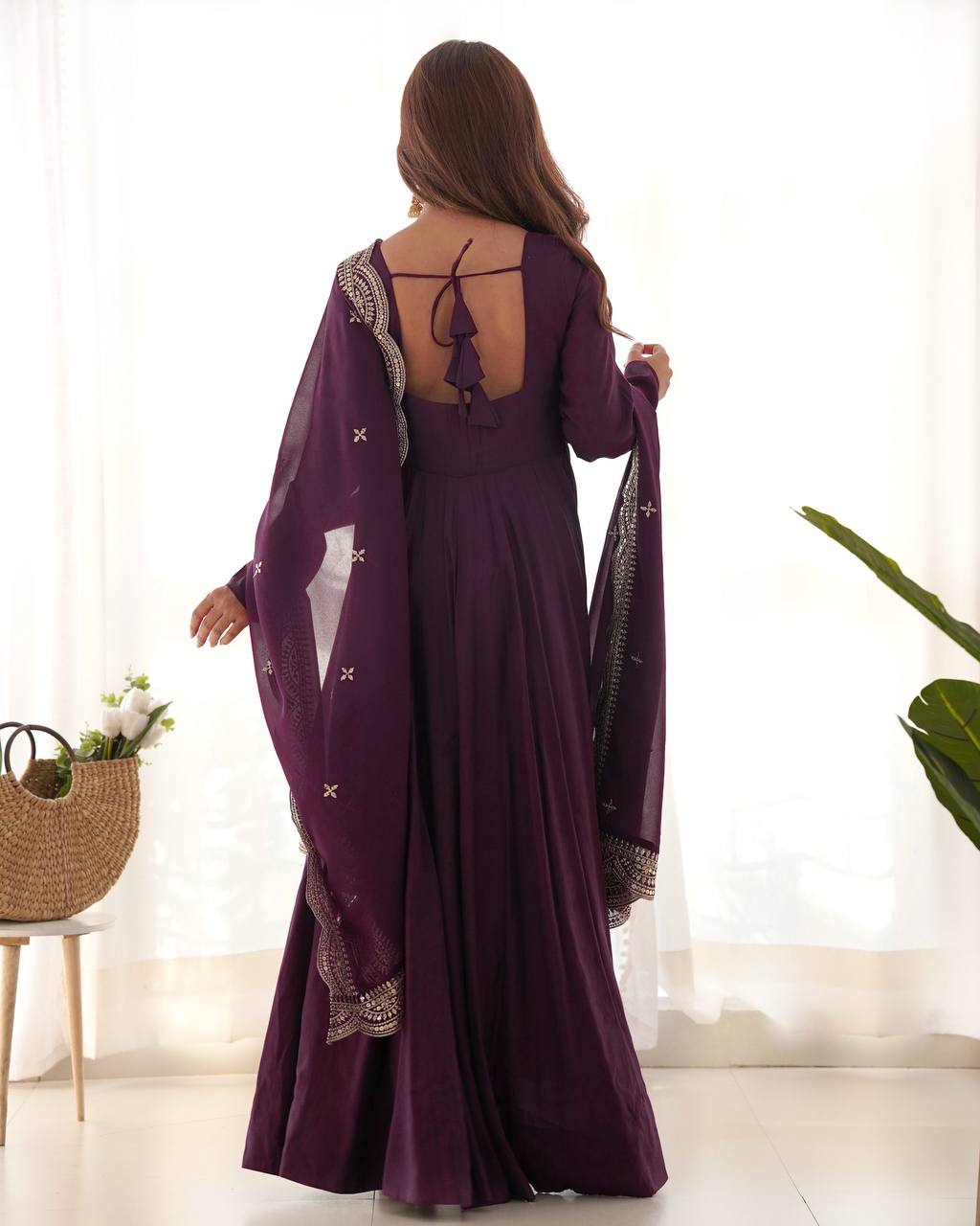 Party Wear Wine Color Heavy Pure Roman Silk Plain Designer Gown With Work Dupatta