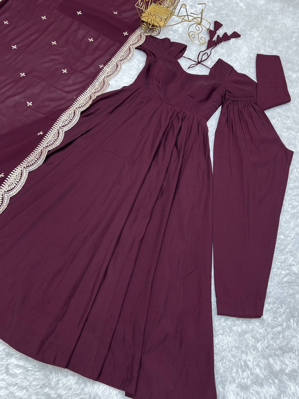Party Wear Wine Color Heavy Pure Roman Silk Plain Designer Gown With Work Dupatta