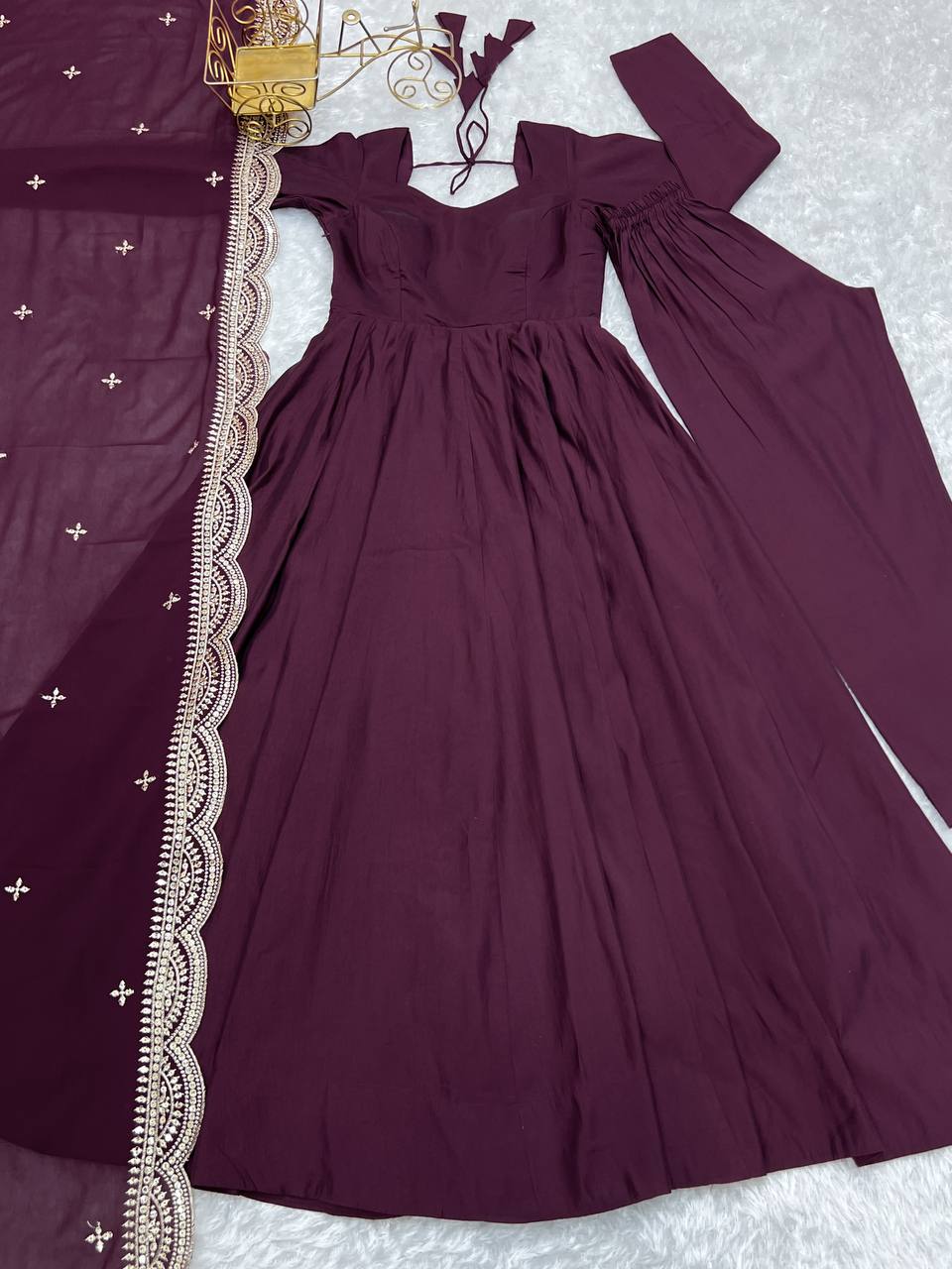 Party Wear Wine Color Heavy Pure Roman Silk Plain Designer Gown With Work Dupatta