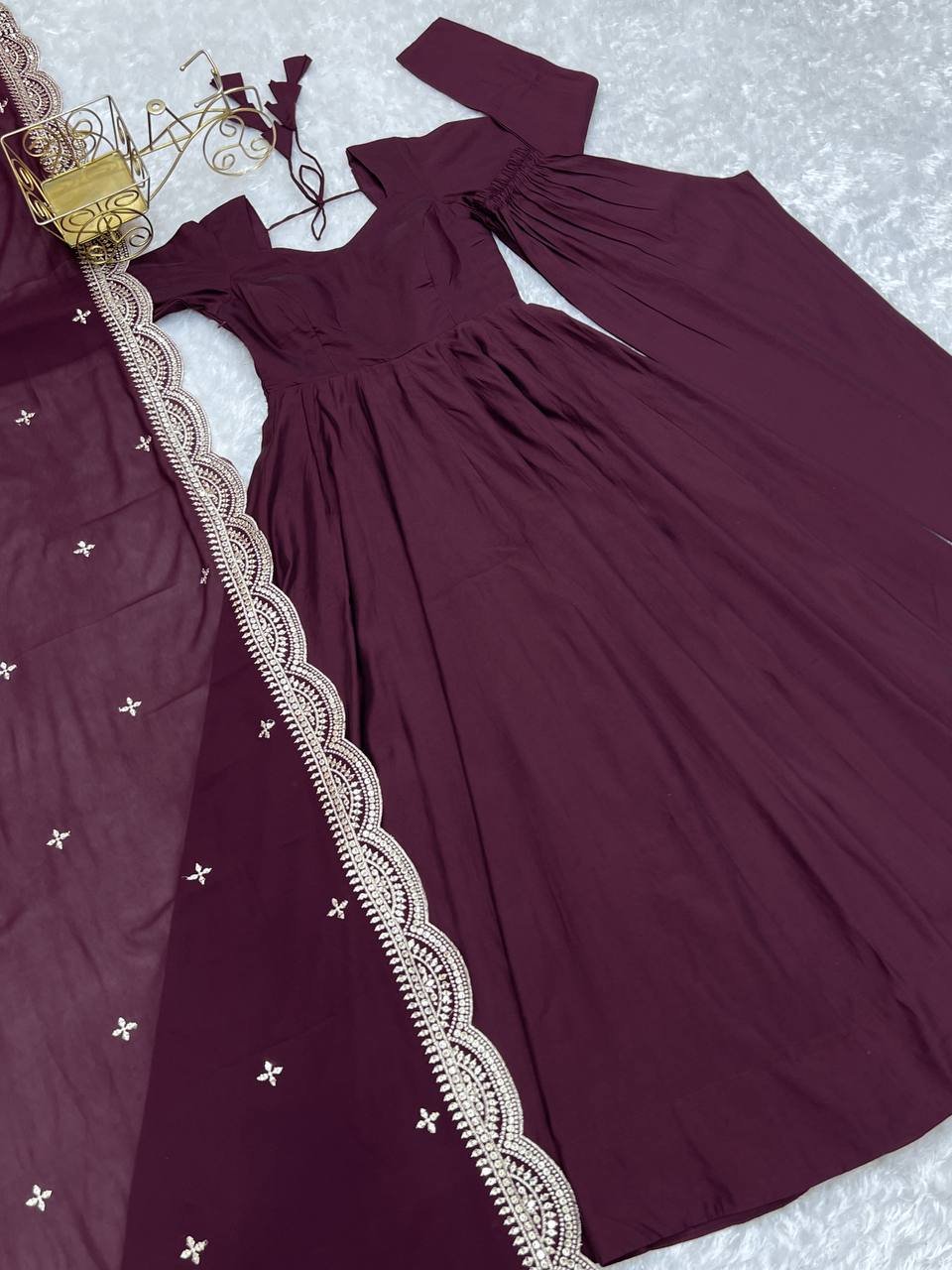 Party Wear Wine Color Heavy Pure Roman Silk Plain Designer Gown With Work Dupatta