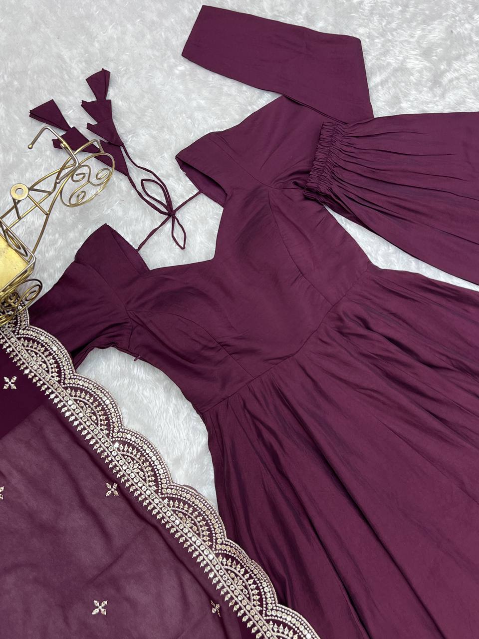 Party Wear Wine Color Heavy Pure Roman Silk Plain Designer Gown With Work Dupatta