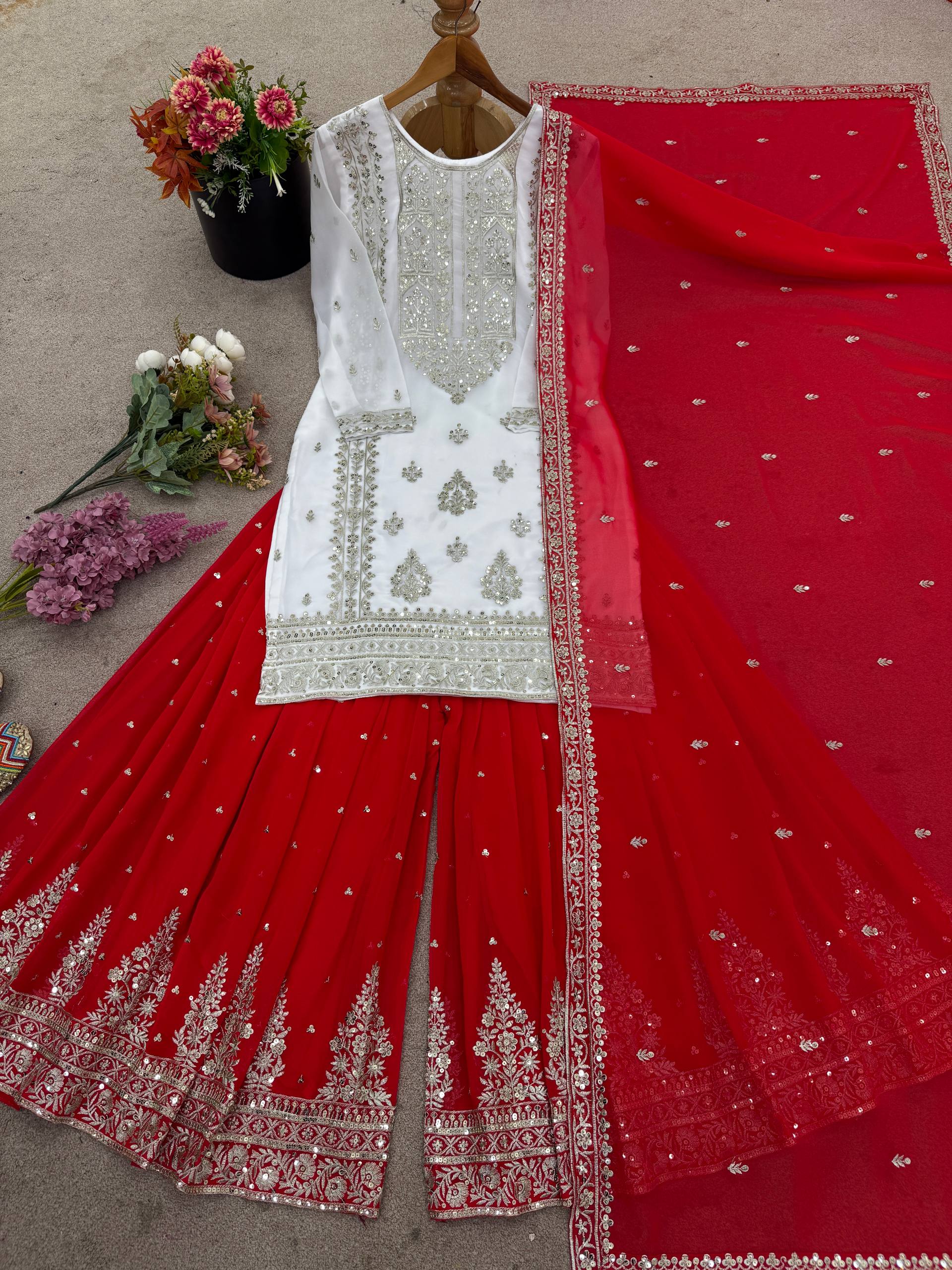 Beautiful White And Red Color Georgette Sharara Set