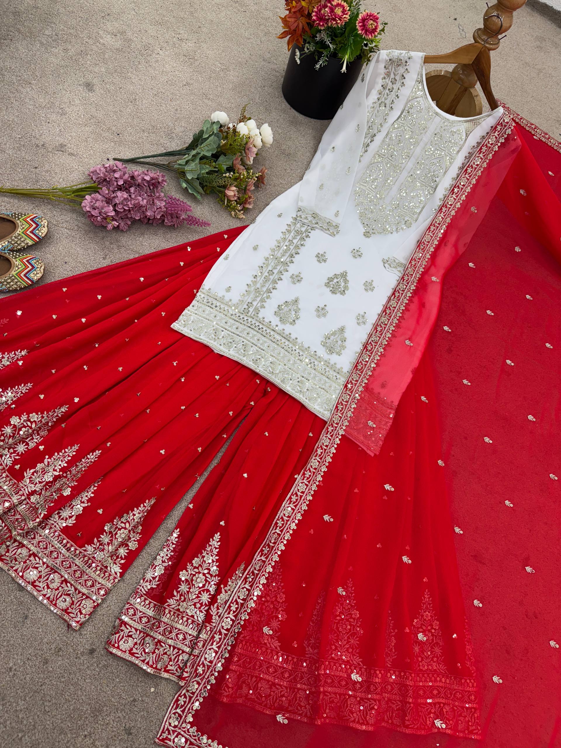 Beautiful White And Red Color Georgette Sharara Set