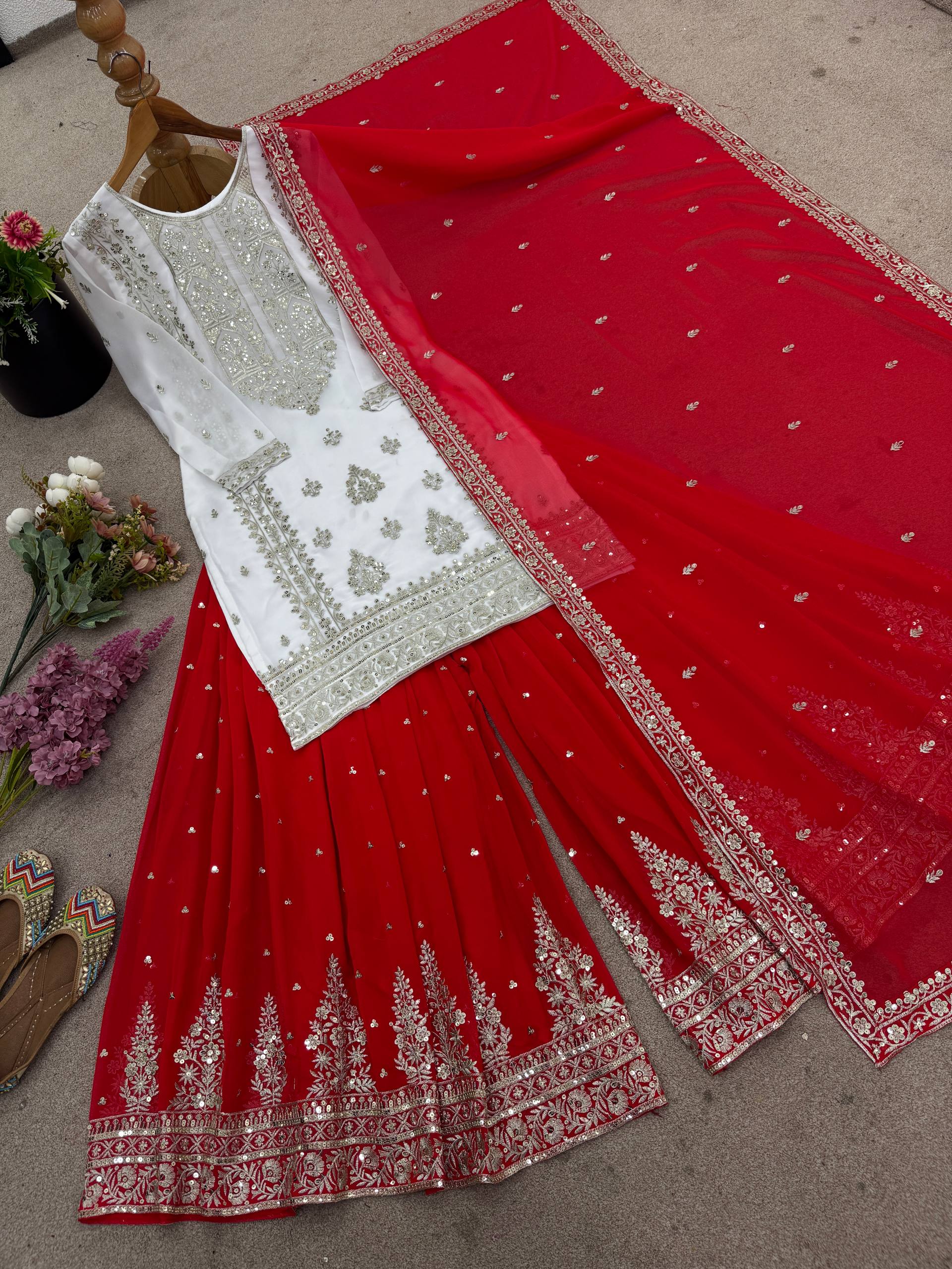 Beautiful White And Red Color Georgette Sharara Set
