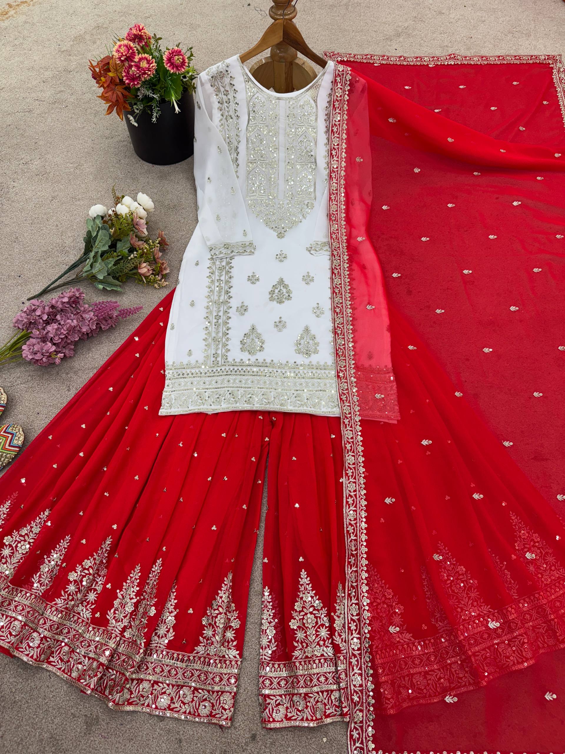 Beautiful White And Red Color Georgette Sharara Set