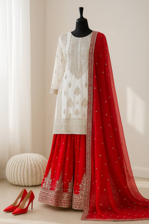 Beautiful White And Red Color Georgette Sharara Set