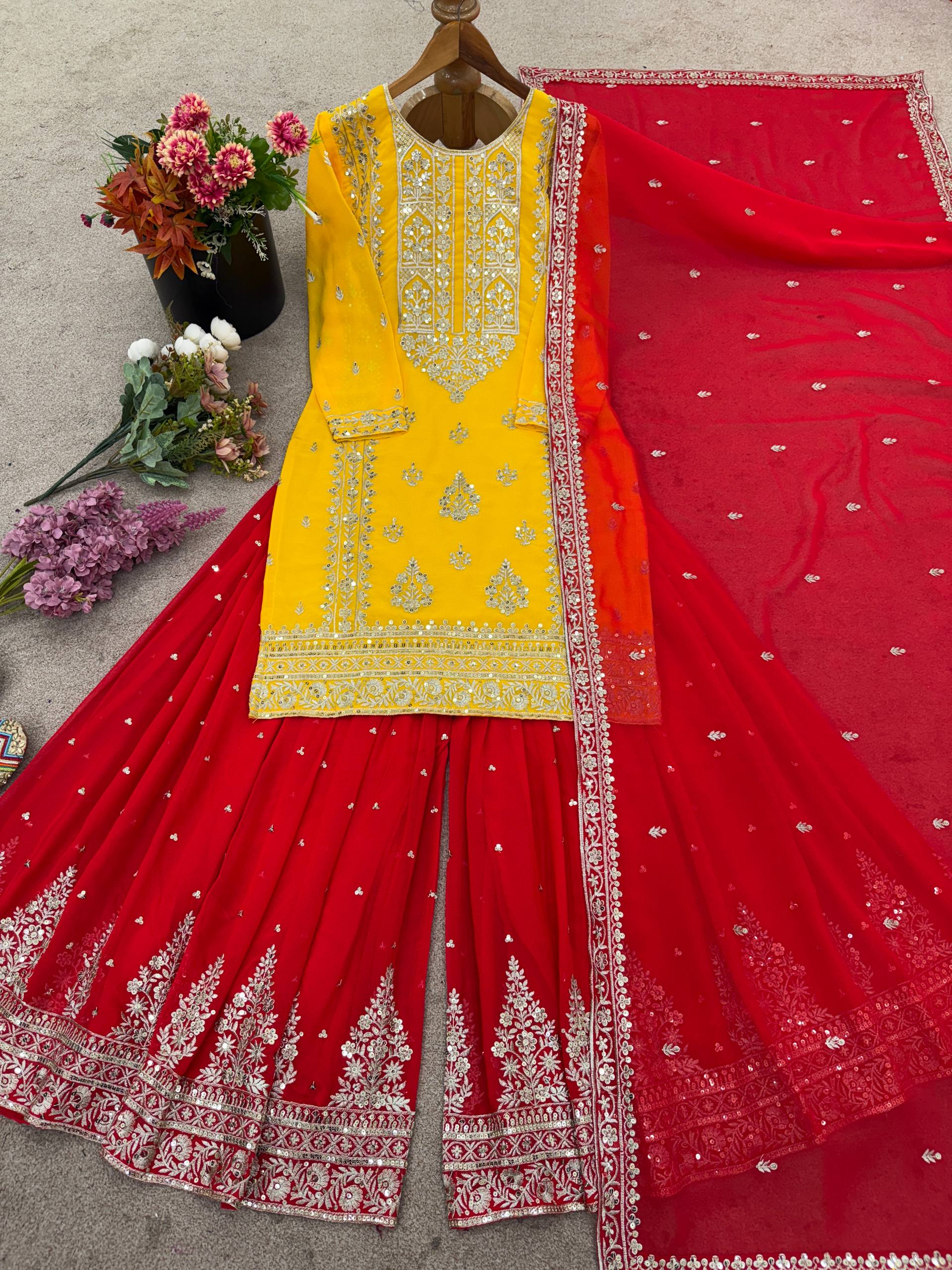 Beautiful Yellow And Red Color Georgette Sharara Set