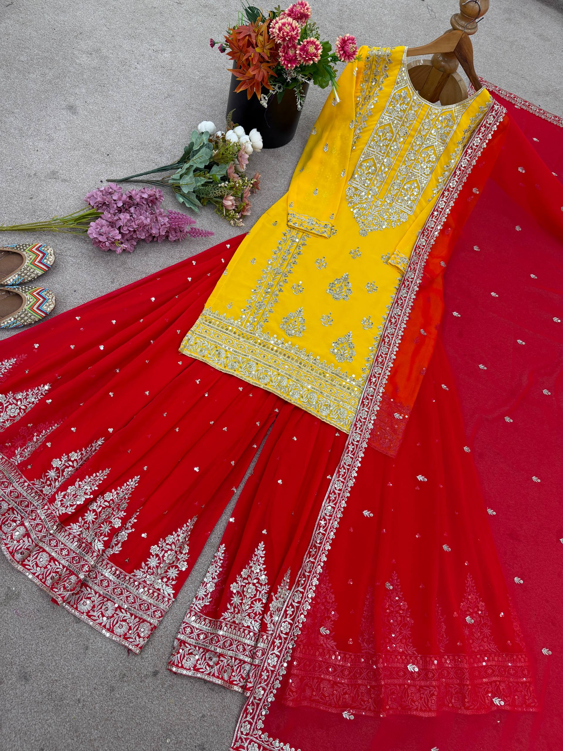 Beautiful Yellow And Red Color Georgette Sharara Set