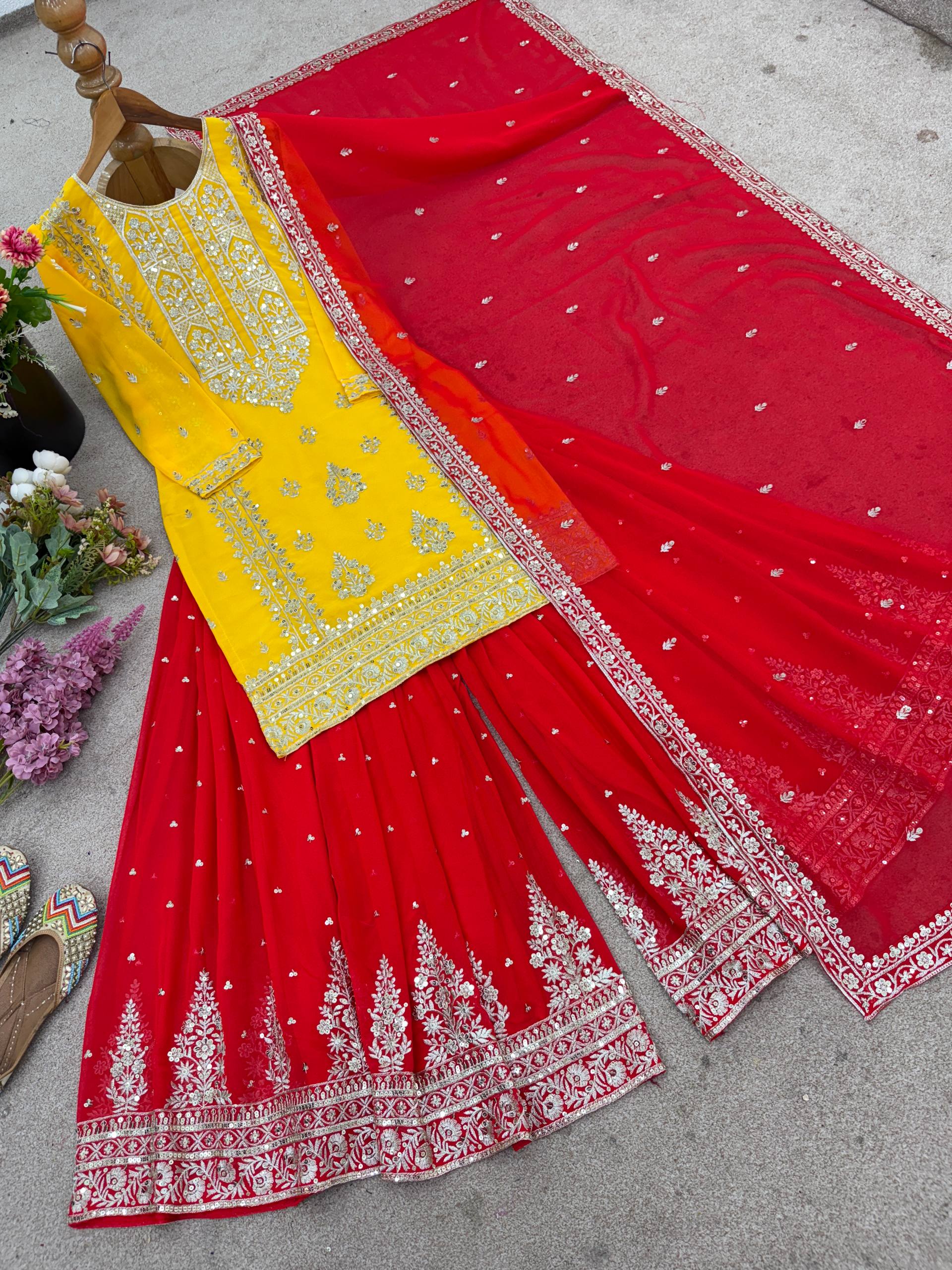 Beautiful Yellow And Red Color Georgette Sharara Set