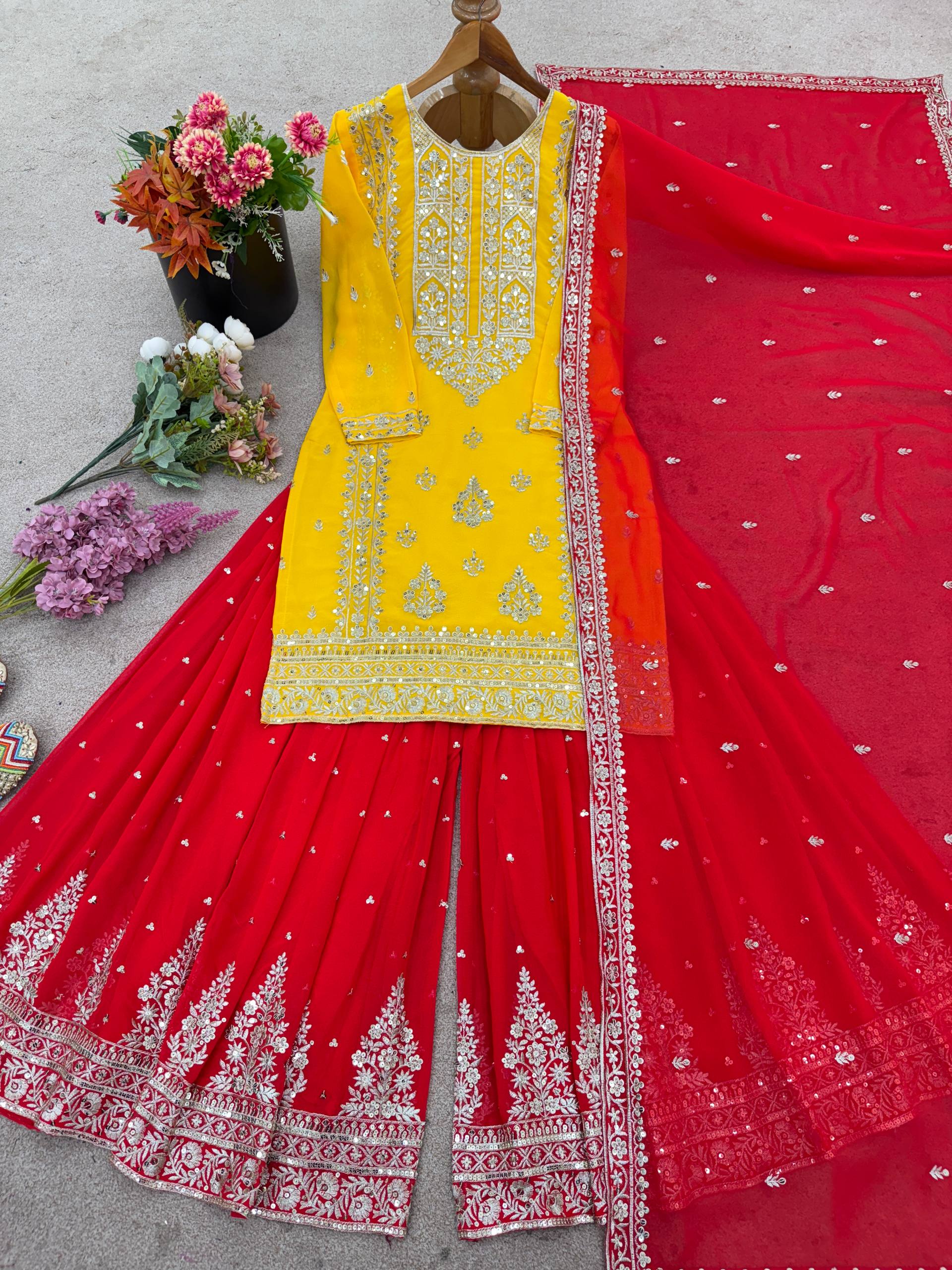 Beautiful Yellow And Red Color Georgette Sharara Set