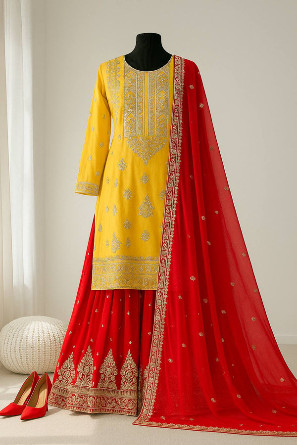 Beautiful Yellow And Red Color Georgette Sharara Set