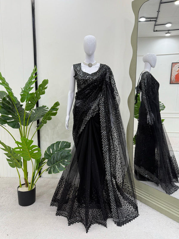 Wedding Wear Black Color Soft Net With Sequence Work Designer Saree