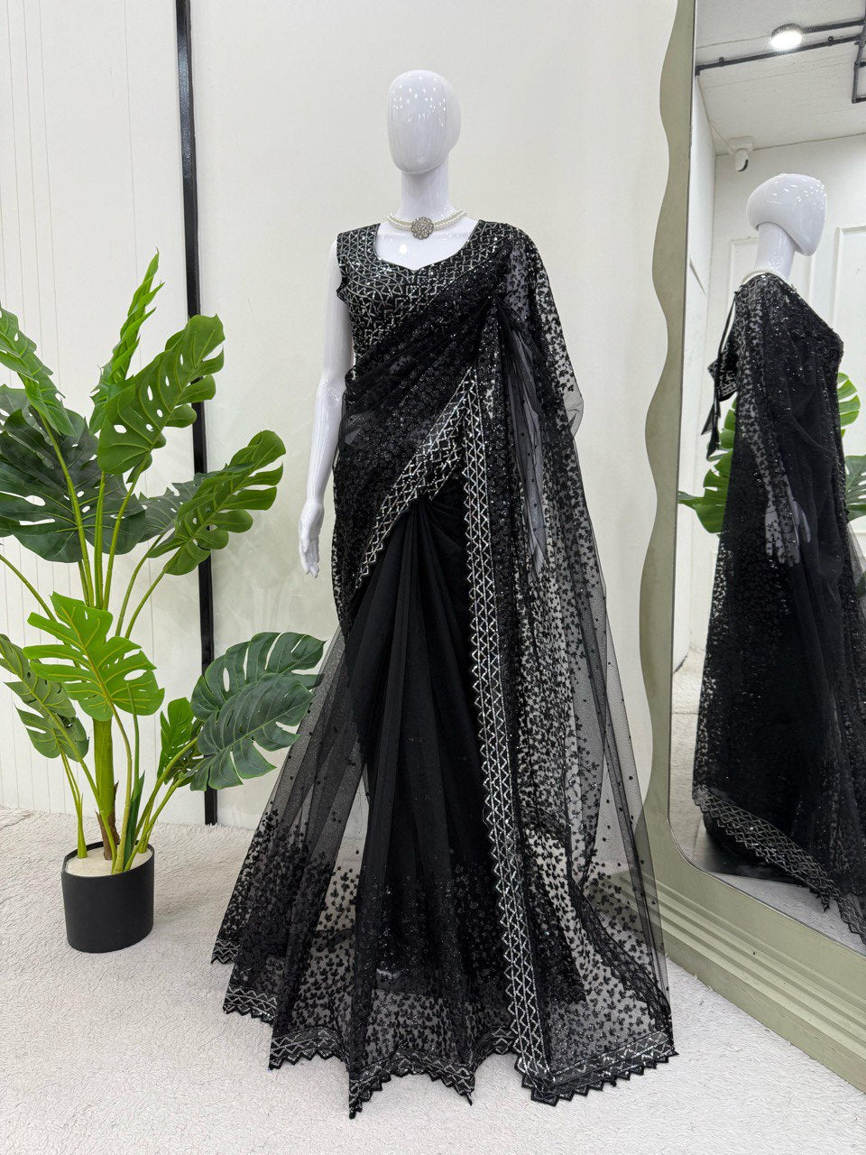 Wedding Wear Black Color Soft Net With Sequence Work Designer Saree
