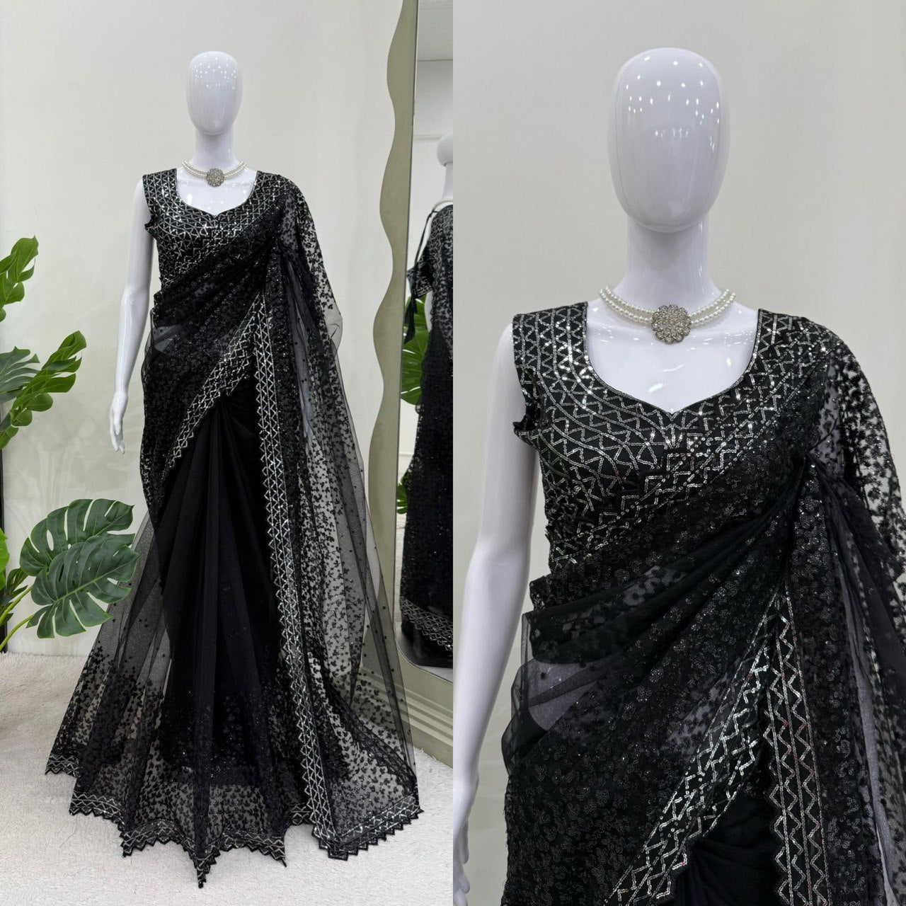 Wedding Wear Black Color Soft Net With Sequence Work Designer Saree