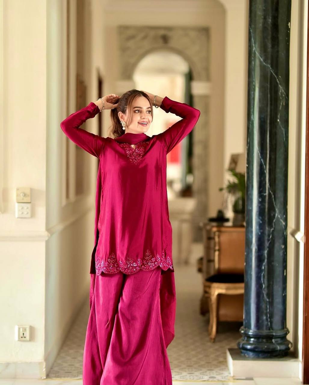 Occasion Wear Maroon Color Pure Natural Crep Silk With Embroidery Sequence Work Palazzo Suit