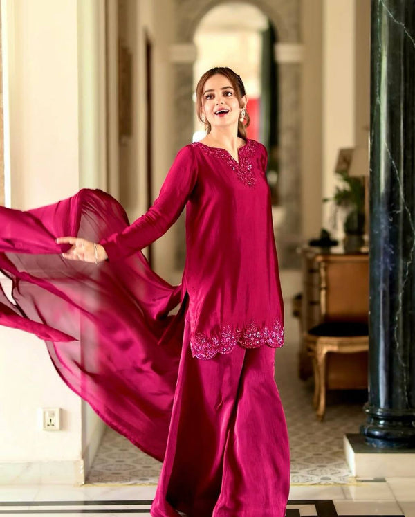 Occasion Wear Maroon Color Pure Natural Crep Silk With Embroidery Sequence Work Palazzo Suit