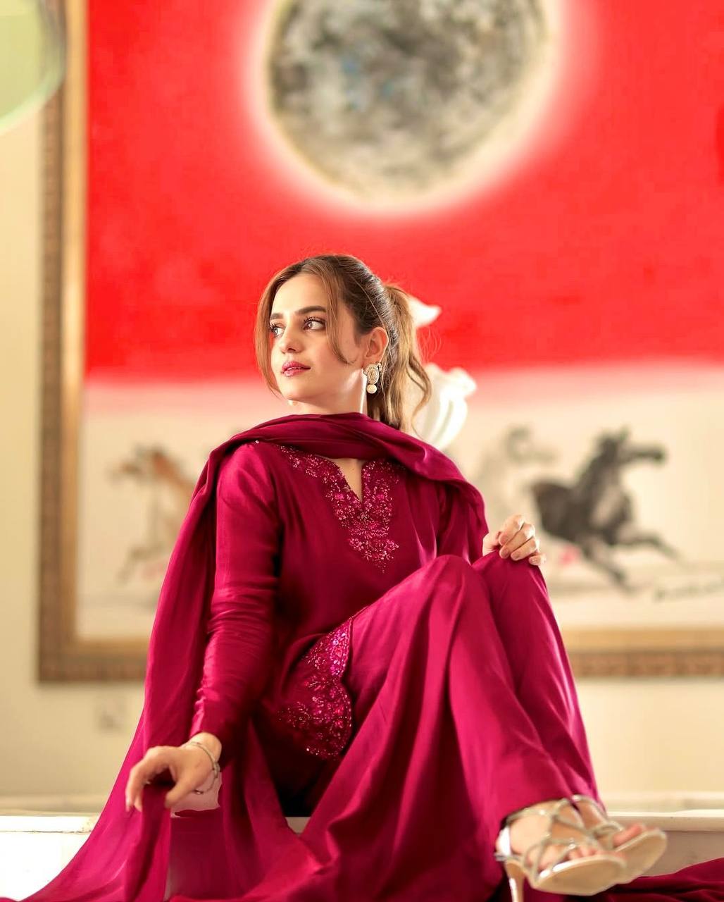 Occasion Wear Maroon Color Pure Natural Crep Silk With Embroidery Sequence Work Palazzo Suit