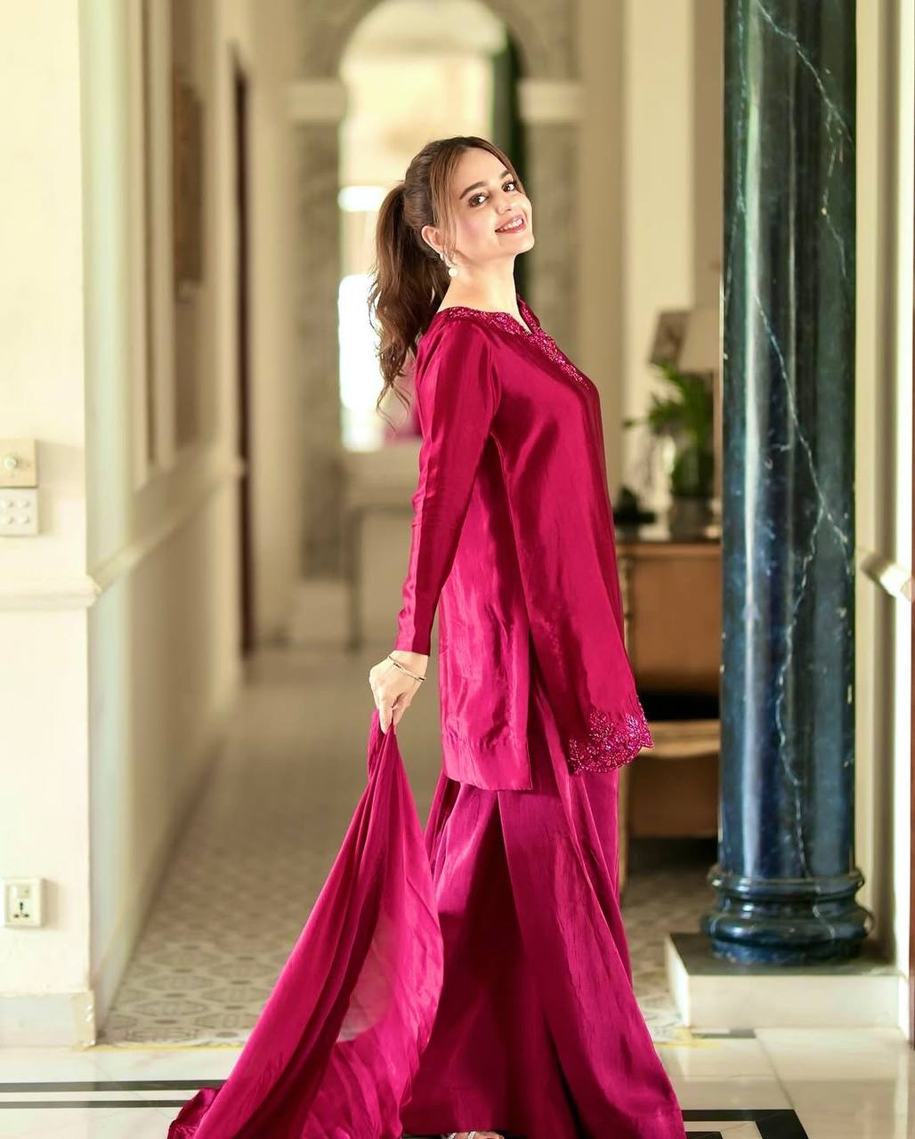 Occasion Wear Maroon Color Pure Natural Crep Silk With Embroidery Sequence Work Palazzo Suit