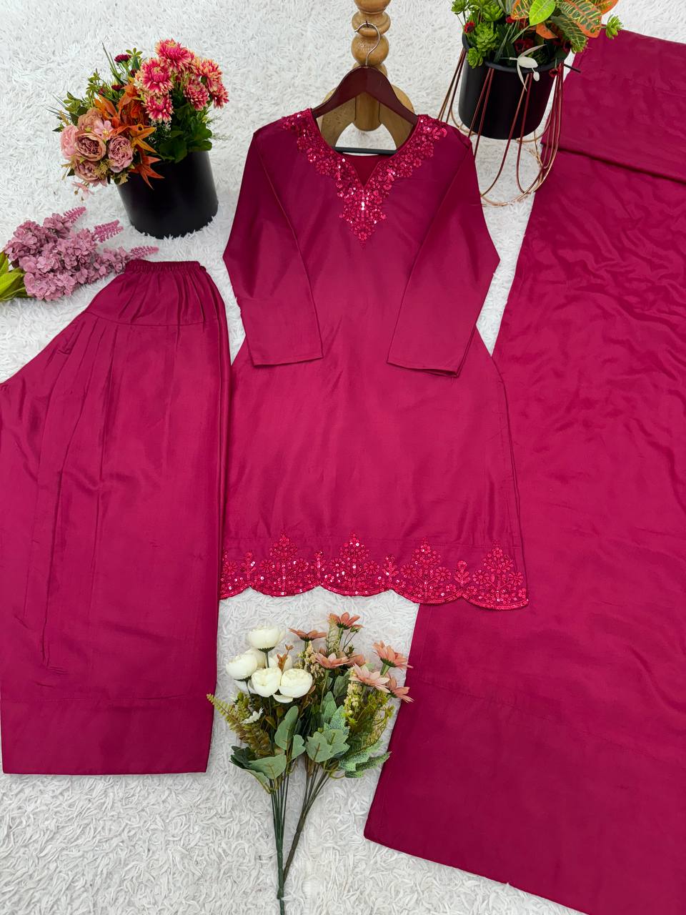 Occasion Wear Maroon Color Pure Natural Crep Silk With Embroidery Sequence Work Palazzo Suit