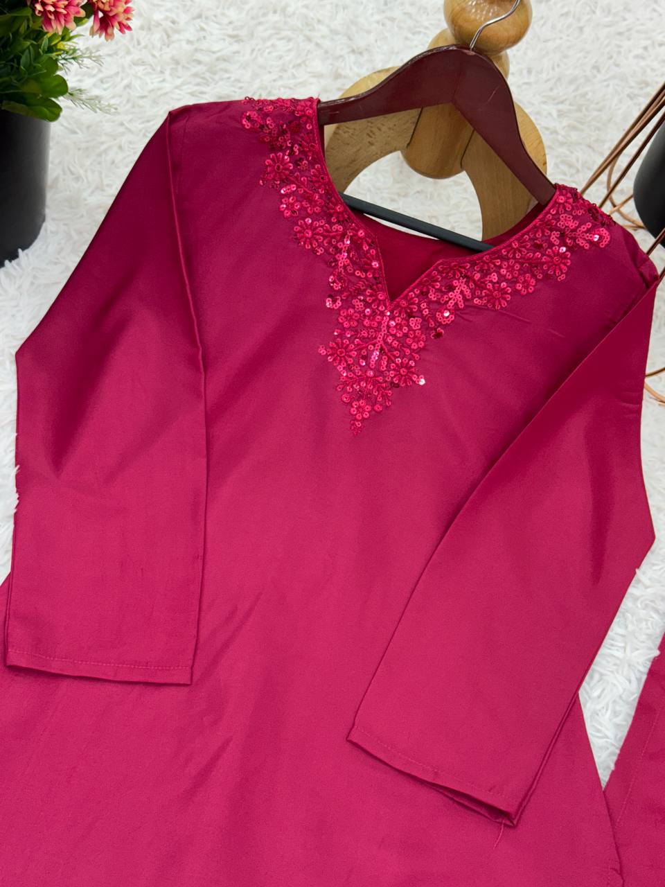 Occasion Wear Maroon Color Pure Natural Crep Silk With Embroidery Sequence Work Palazzo Suit