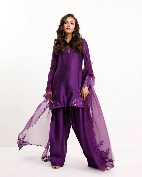 Festive Wear Purple Color Natural Crepe And Beads With Thread Work Palazzo Suit