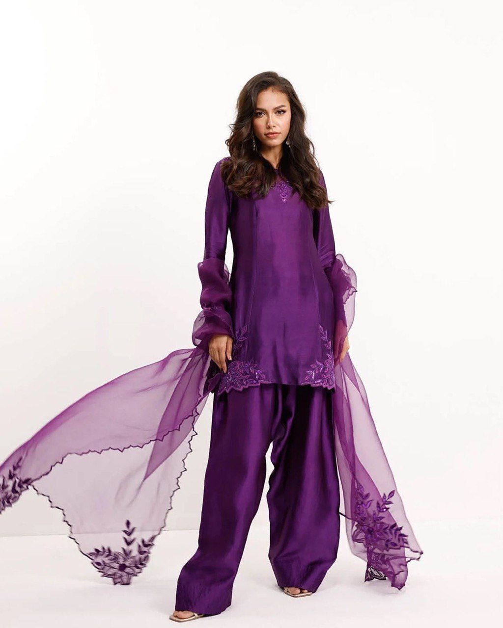 Festive Wear Purple Color Natural Crepe And Beads With Thread Work Palazzo Suit