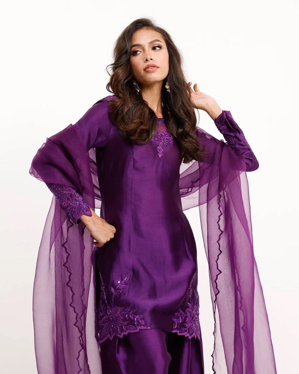Festive Wear Purple Color Natural Crepe And Beads With Thread Work Palazzo Suit