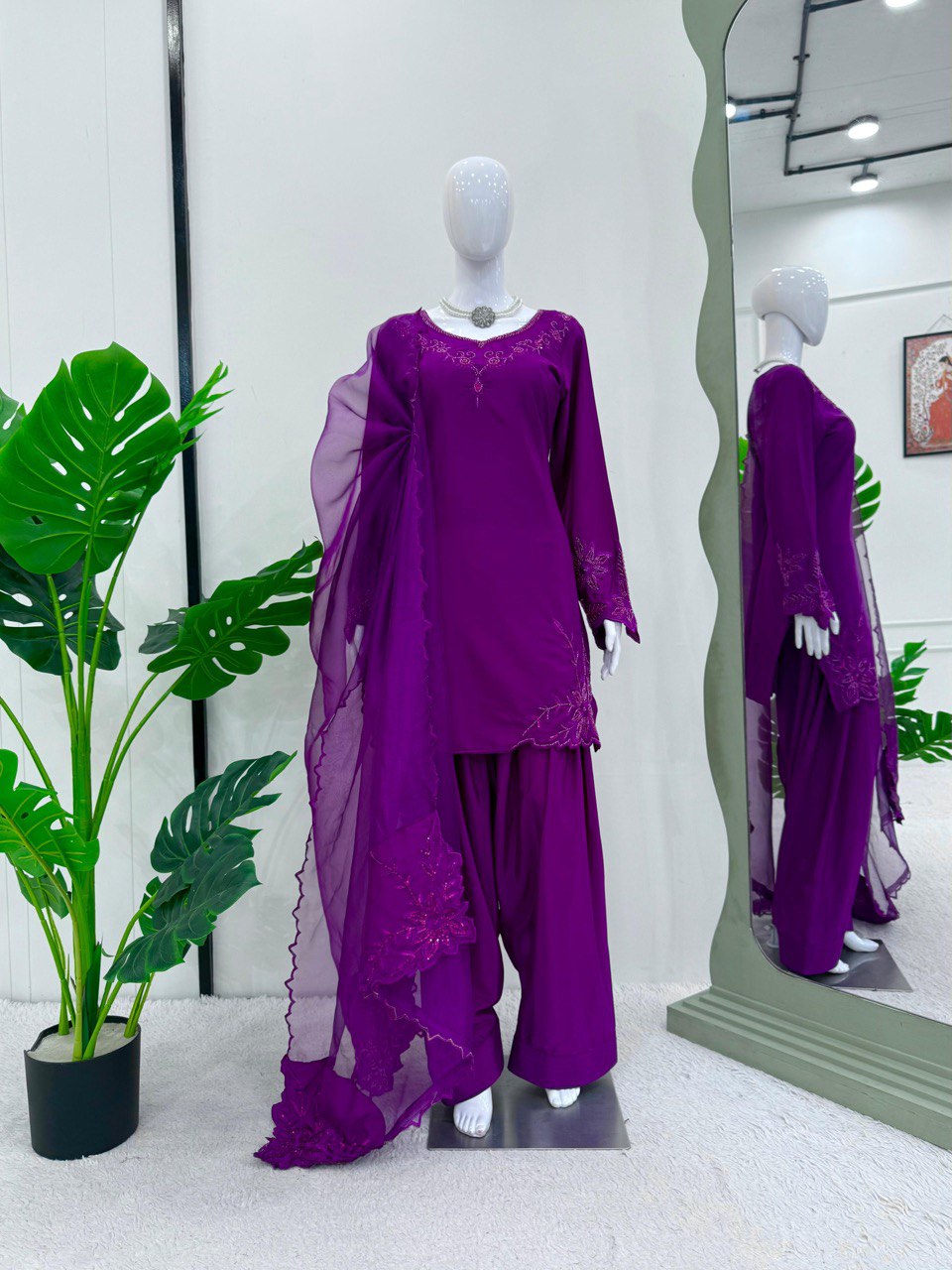 Festive Wear Purple Color Natural Crepe And Beads With Thread Work Palazzo Suit