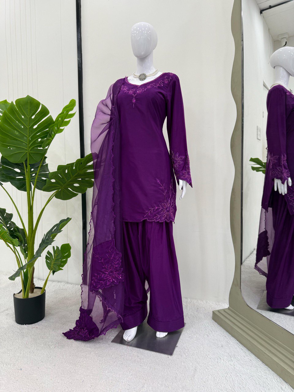 Festive Wear Purple Color Natural Crepe And Beads With Thread Work Palazzo Suit
