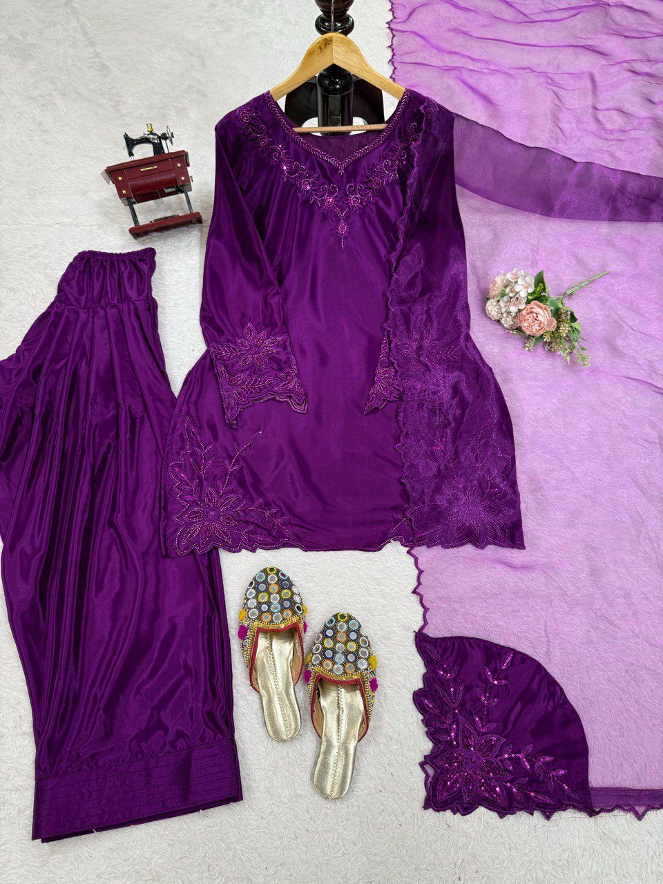 Festive Wear Purple Color Natural Crepe And Beads With Thread Work Palazzo Suit